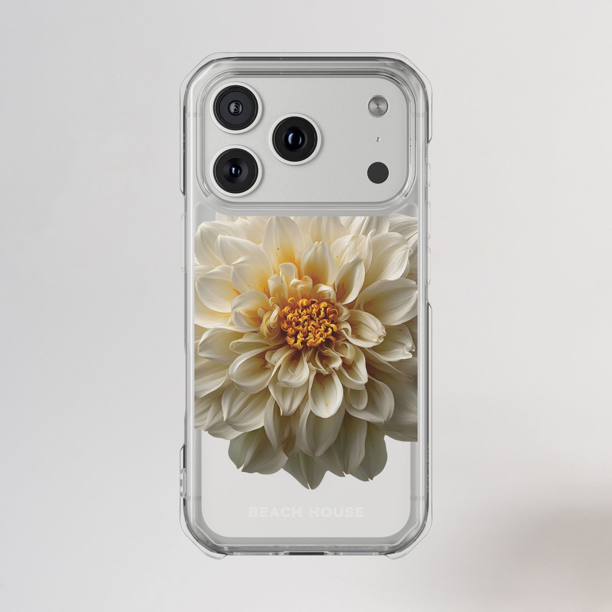 Phone case with a white flower design on a light gray background