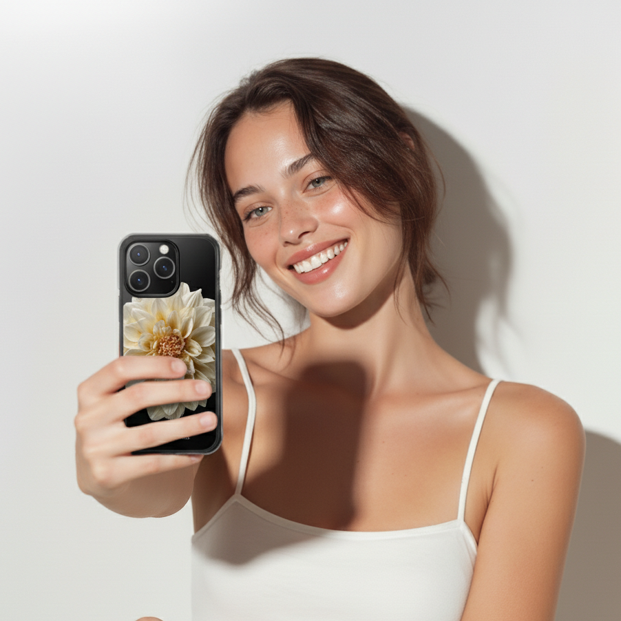 Woman holding a phone with a flower image on a white background