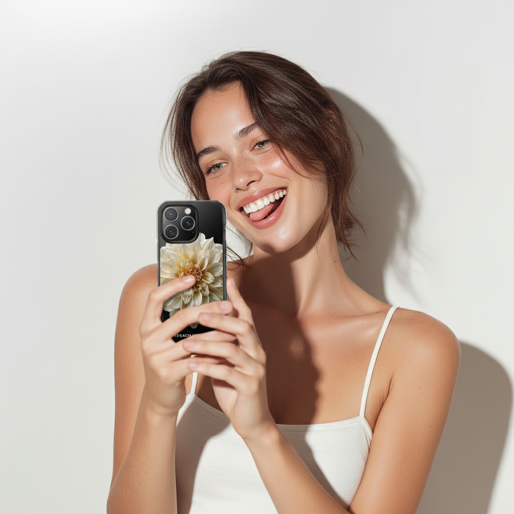 Woman holding a phone with a floral case against a white background