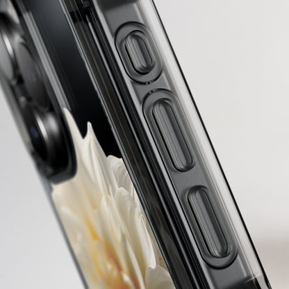 Close-up of a smartphone with a black case on a light gray background