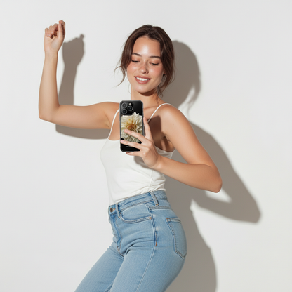 Woman taking a selfie with a phone against a white background