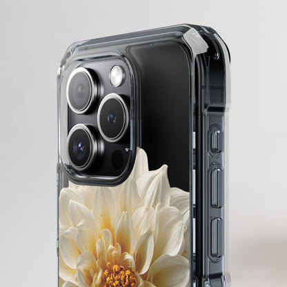 Phone case with floral design and camera details on a light gray background