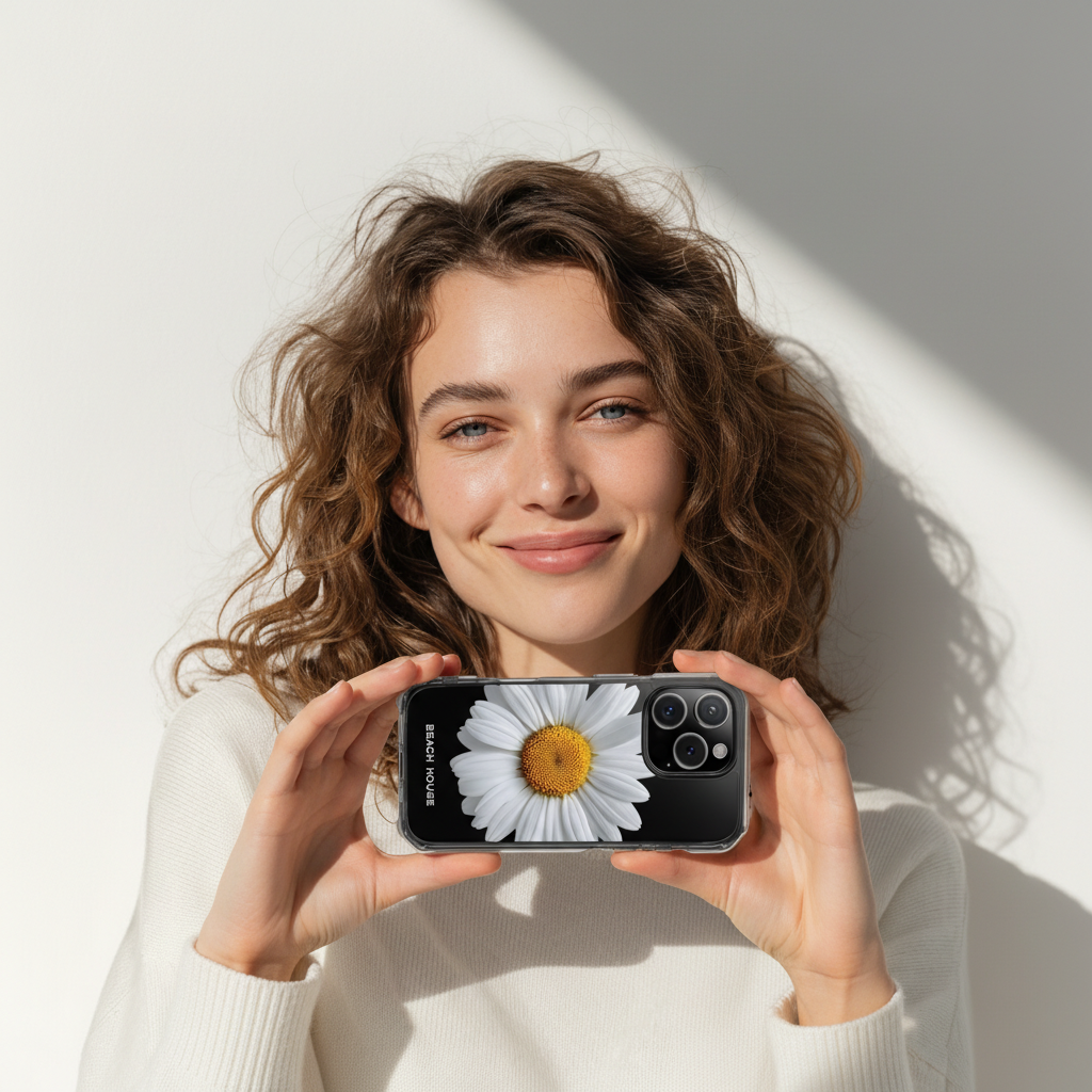 Woman holding a phone with a daisy case against a neutral background