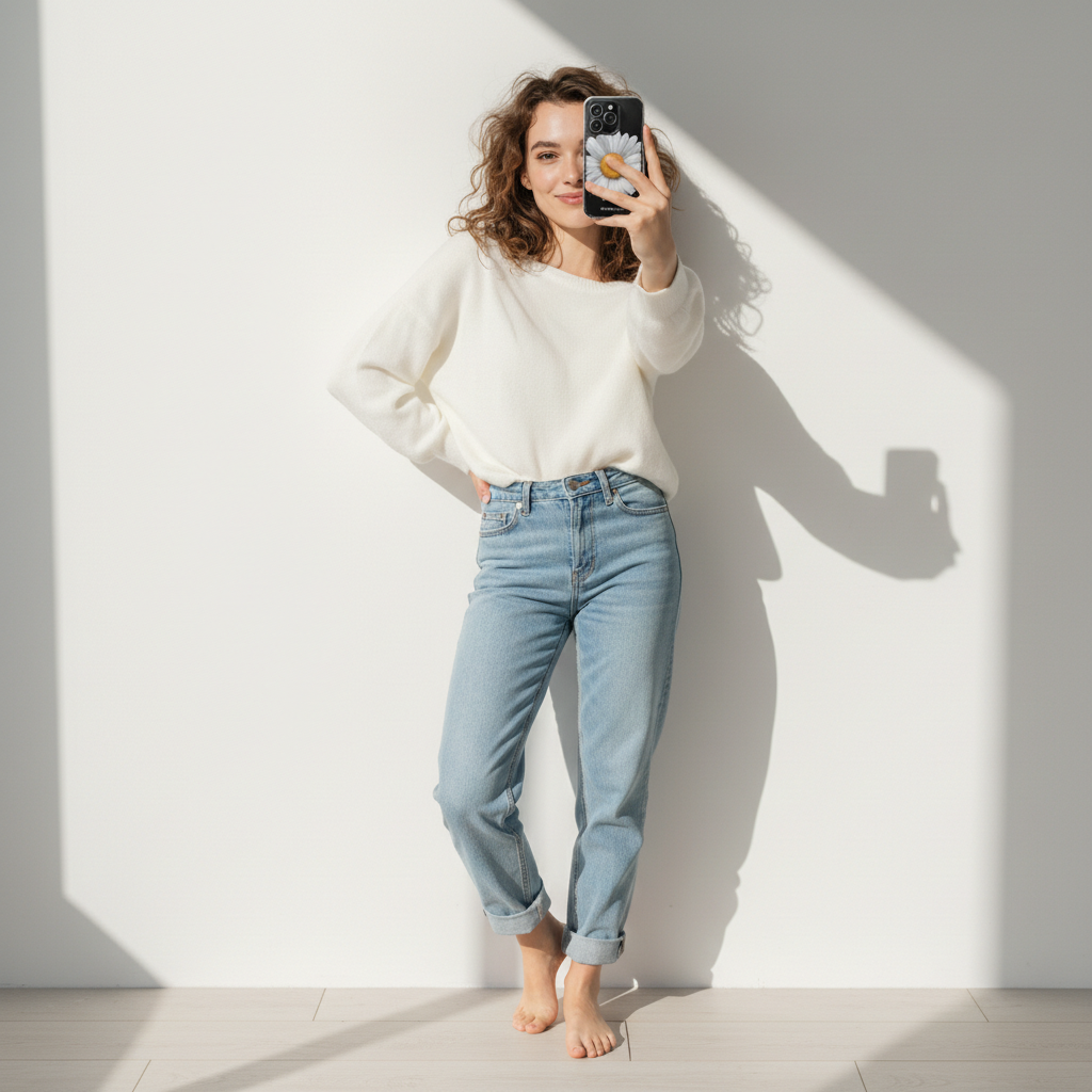 Woman taking a mirror selfie wearing a white sweater and light blue jeans on a white background