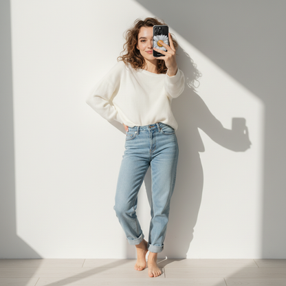 Woman taking a mirror selfie wearing a white sweater and light blue jeans on a white background