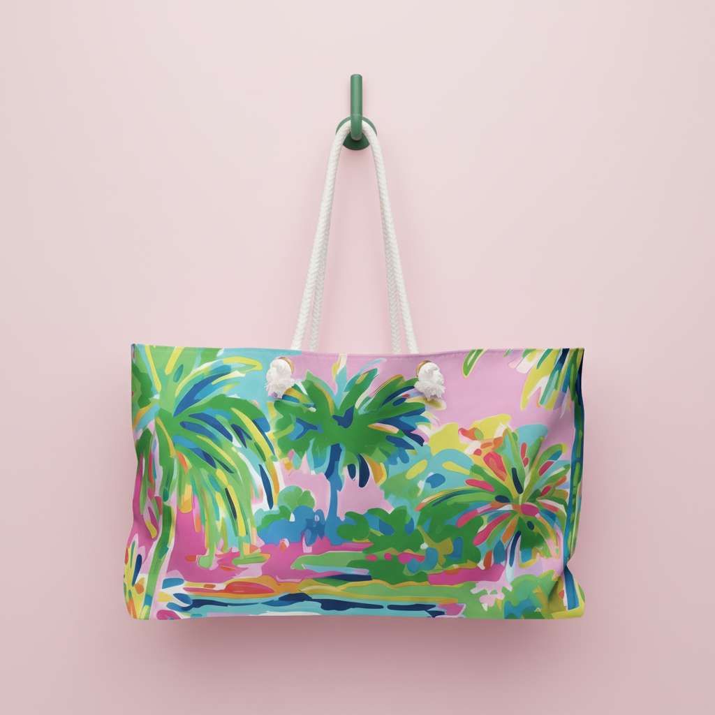 Delray Weekender vacation bag, rope handles hanging on a hook, on a pink background