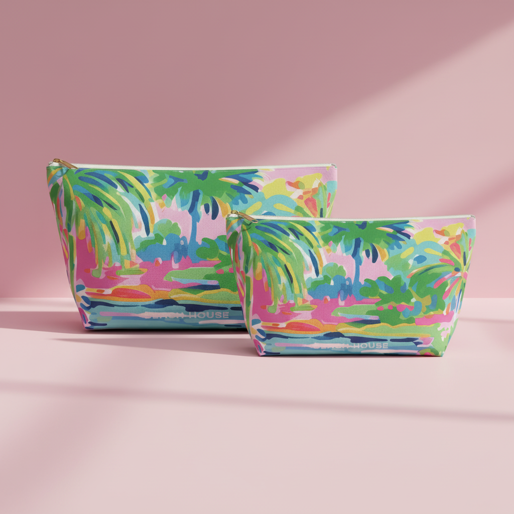Two colorful palm tree-patterned pouches on a pink background