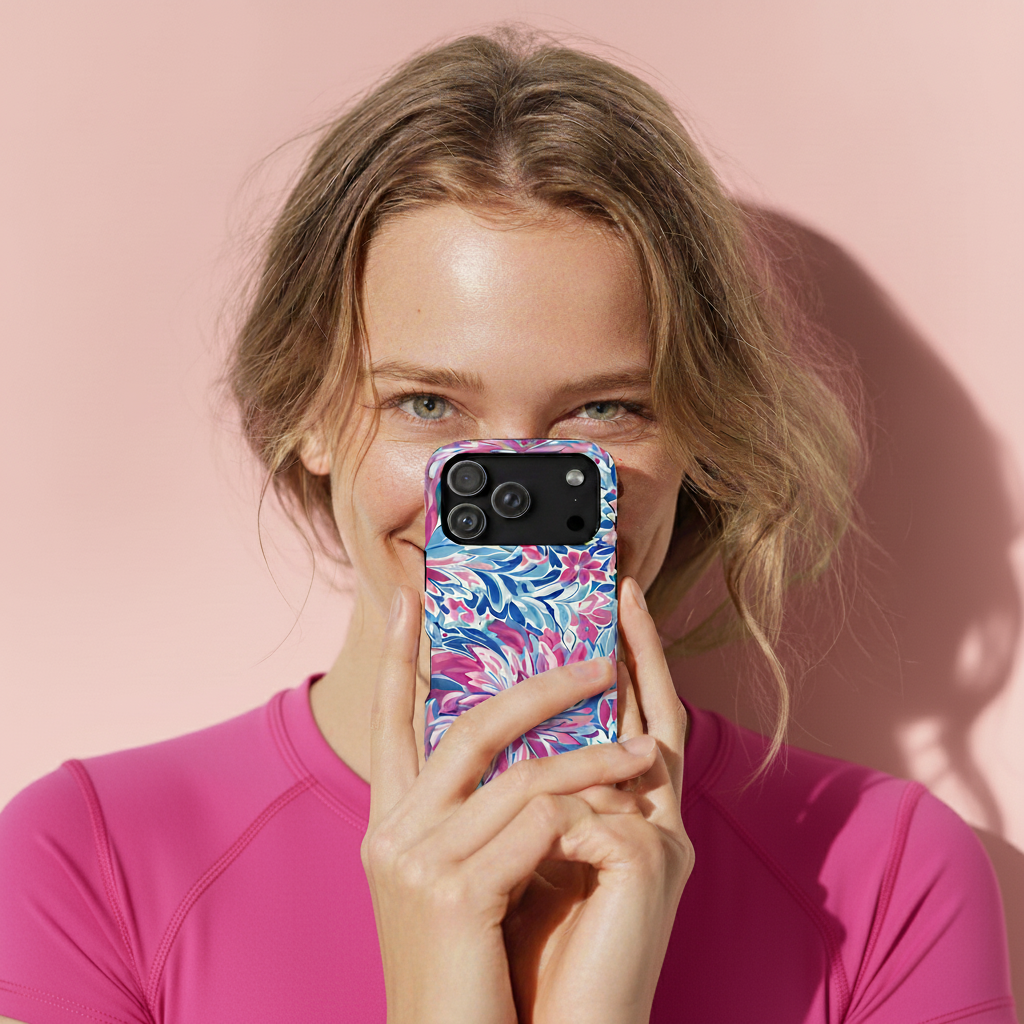 Woman holding a phone with a colorful Destin phone case for iPhone against a pink background