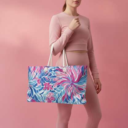 Person holding a colorful floral-patterned Destin bag against a pink background