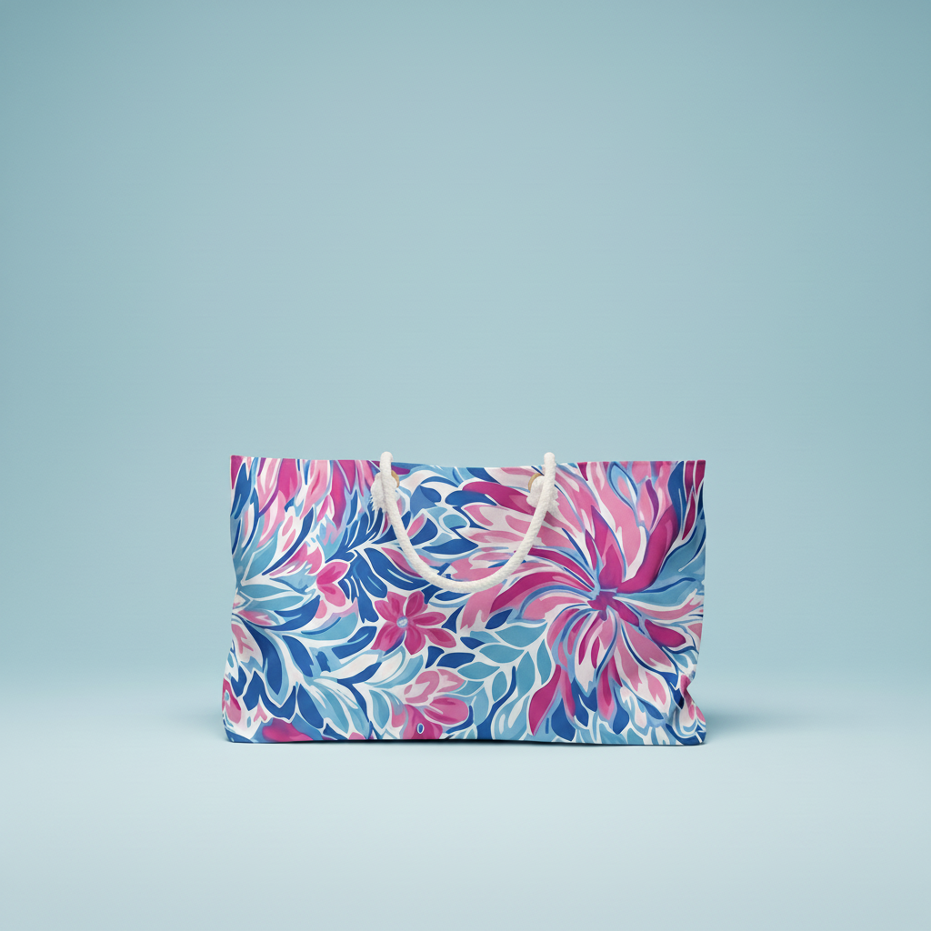 Floral patternedDestin weekender tote  bag on a light blue background