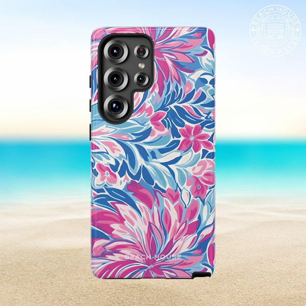 Destin Tough Case for Galaxy with pink and blue floral pattern on a beach background