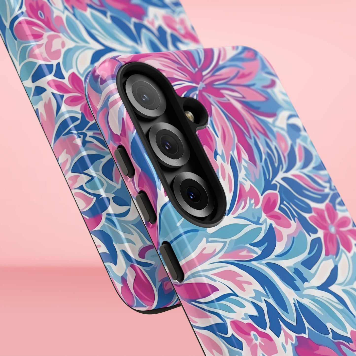 Close up views of the Destin Tough Case for Galaxy on a pink background