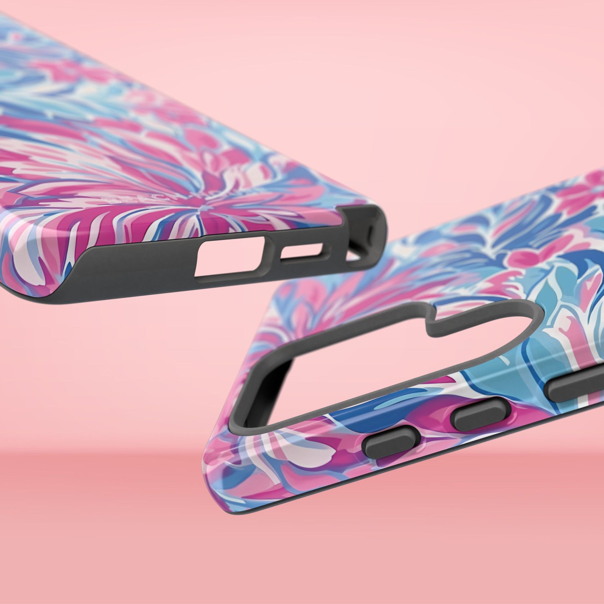 Top and bottom views of the Destin Tough Case for Galaxy on a pink background