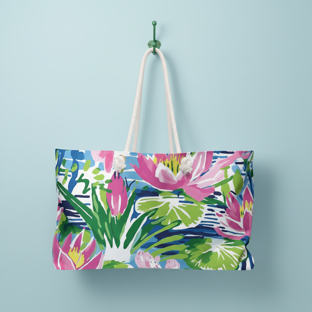 Lightweight Everglades weekender tote bag with tropical floral design, hanging on hook against a light blue wall