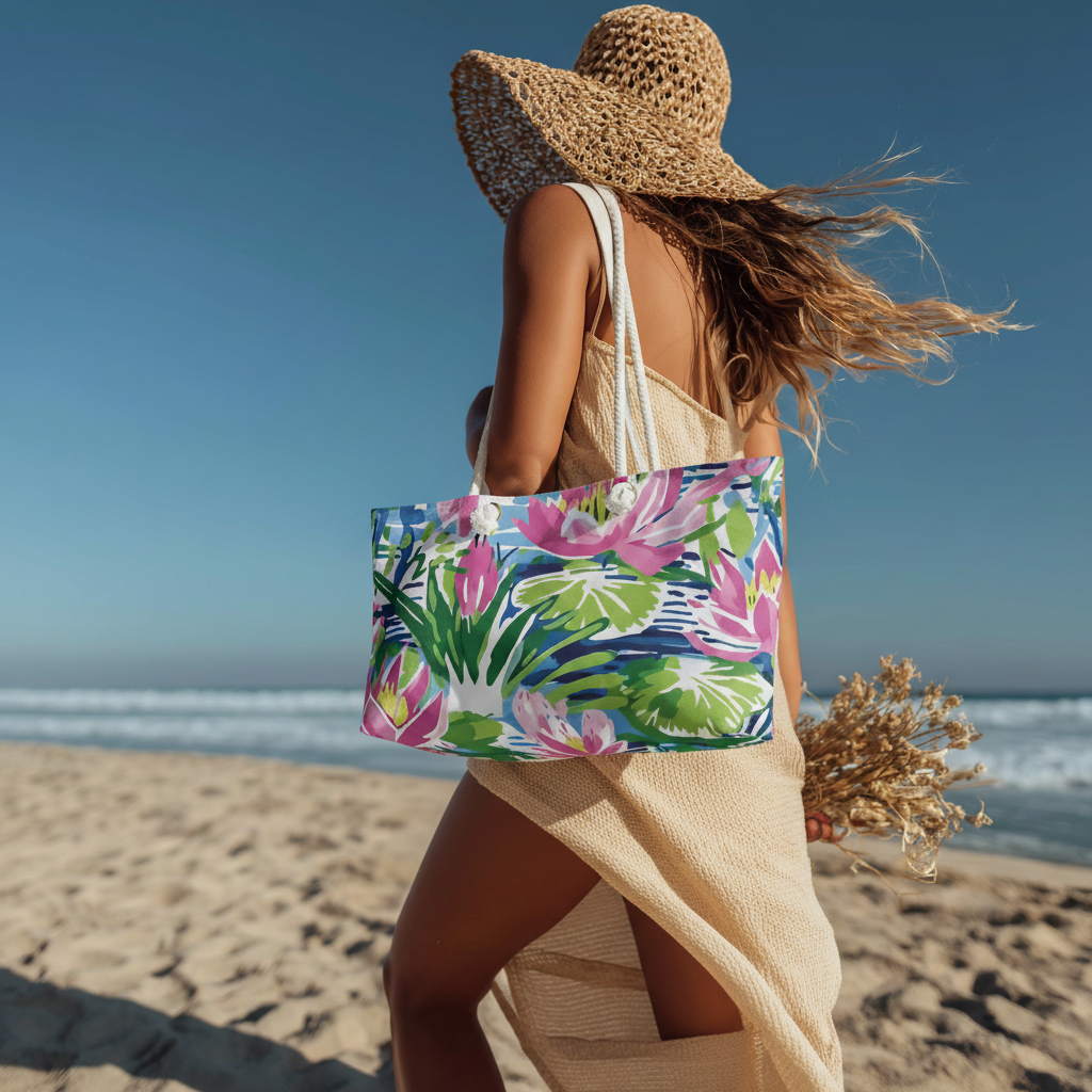 Woman on a beach wearing a straw hat and holding a colorful Everglades beach bag.