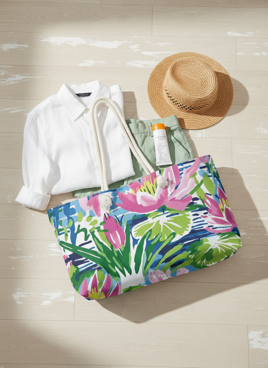 Colorful vacation tote bag with a white shirt, straw hat, and bottle on a light wooden floor.