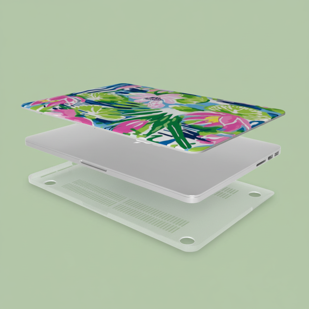 Top and bottom elements of the Everglades MacBook Case, with a macbook between them, on a green background