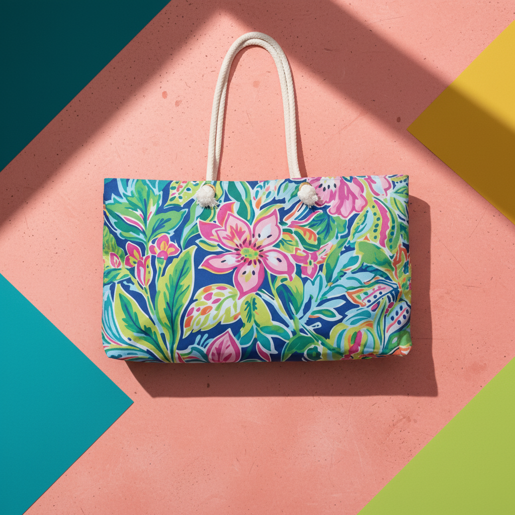 Colorful floral Fernandina Weekender tote bag on a geometric multicolor background