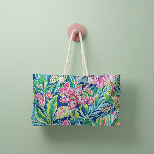 Tropical themed Fernandina Weekender tote bag with white rope handles, hanging on a pink hook against a green wall