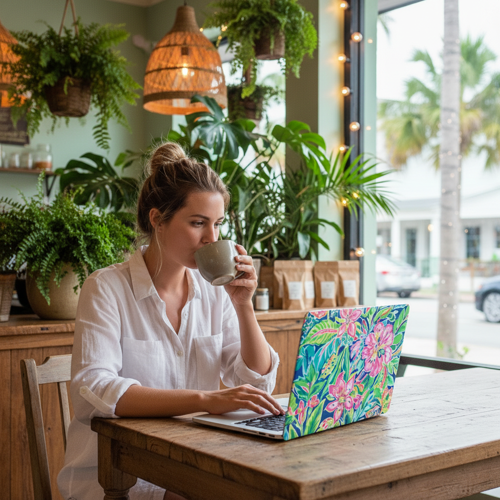 Woman sipping coffee in front of a laptop with a floral Fernandina MacBook Case by Beach House, setting is a coffee shop
