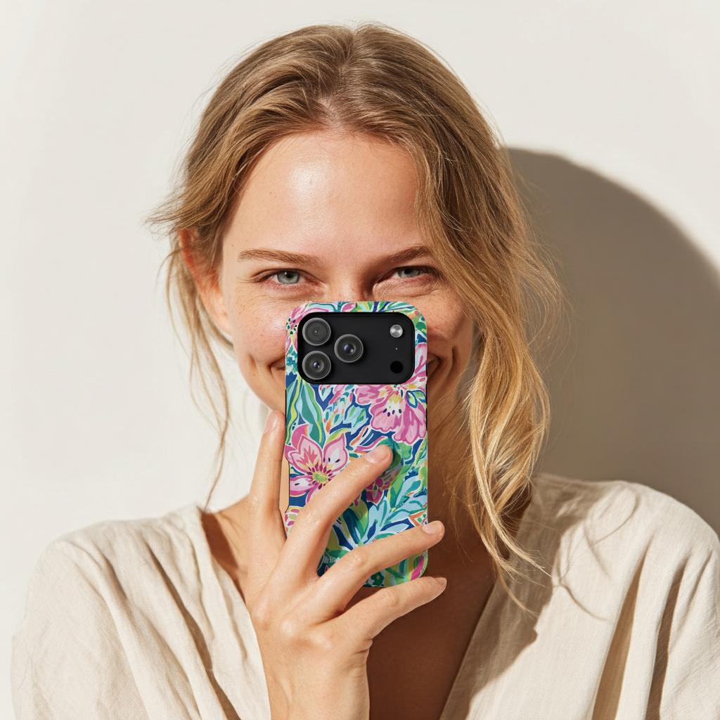 Woman holding a phone with a colorful floral Fernandina Case for iPhone against a neutral background