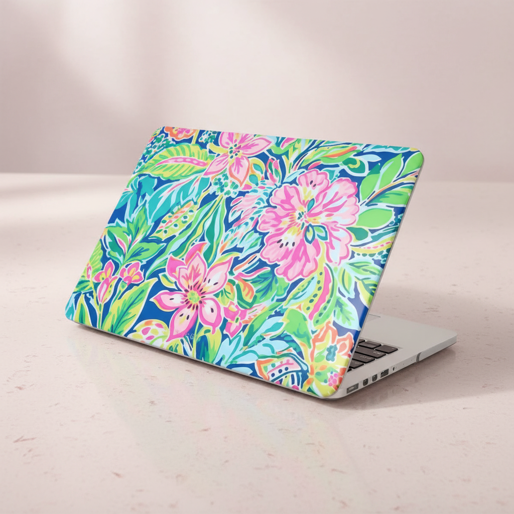 Fernandina MacBook Case with a colorful floral design on a light wooden surface