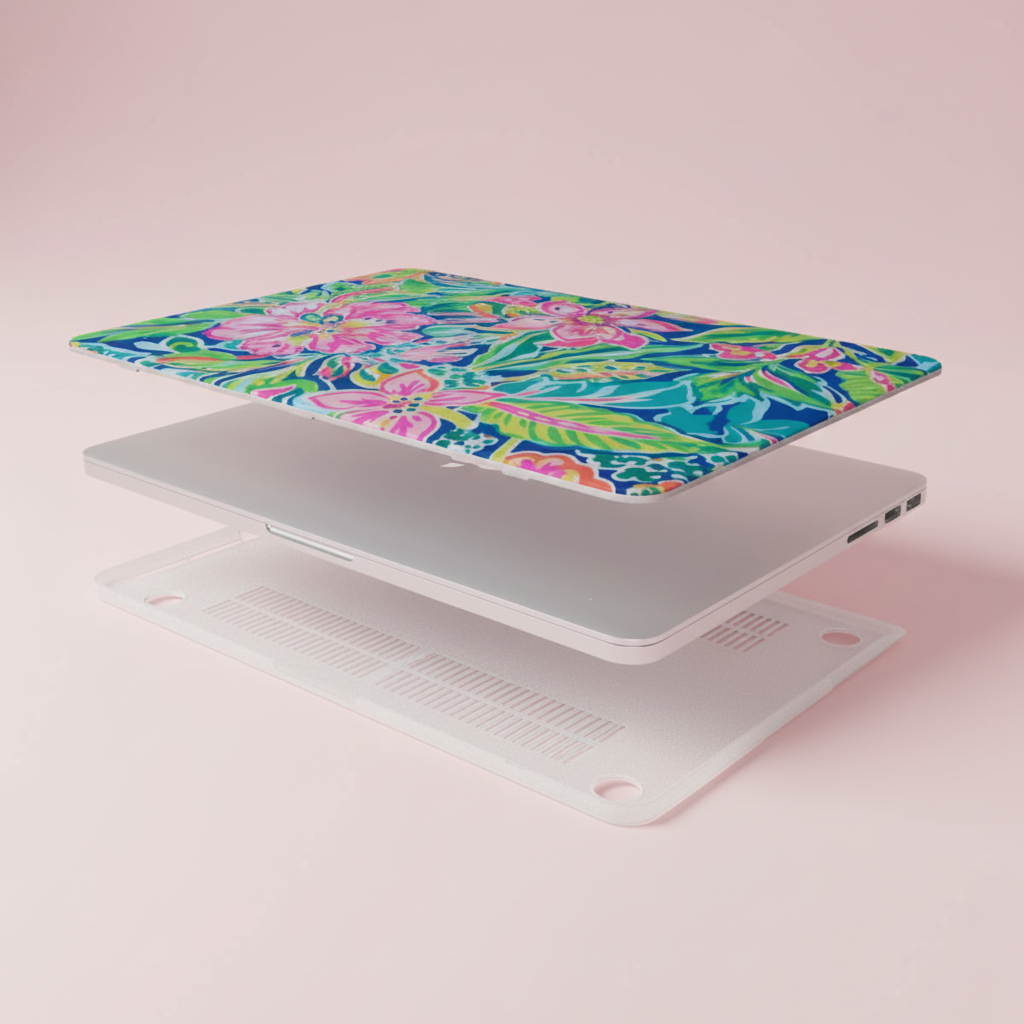 Top and bottom layers of the Fernandina MacBook Case, with a laptop, on a pink background