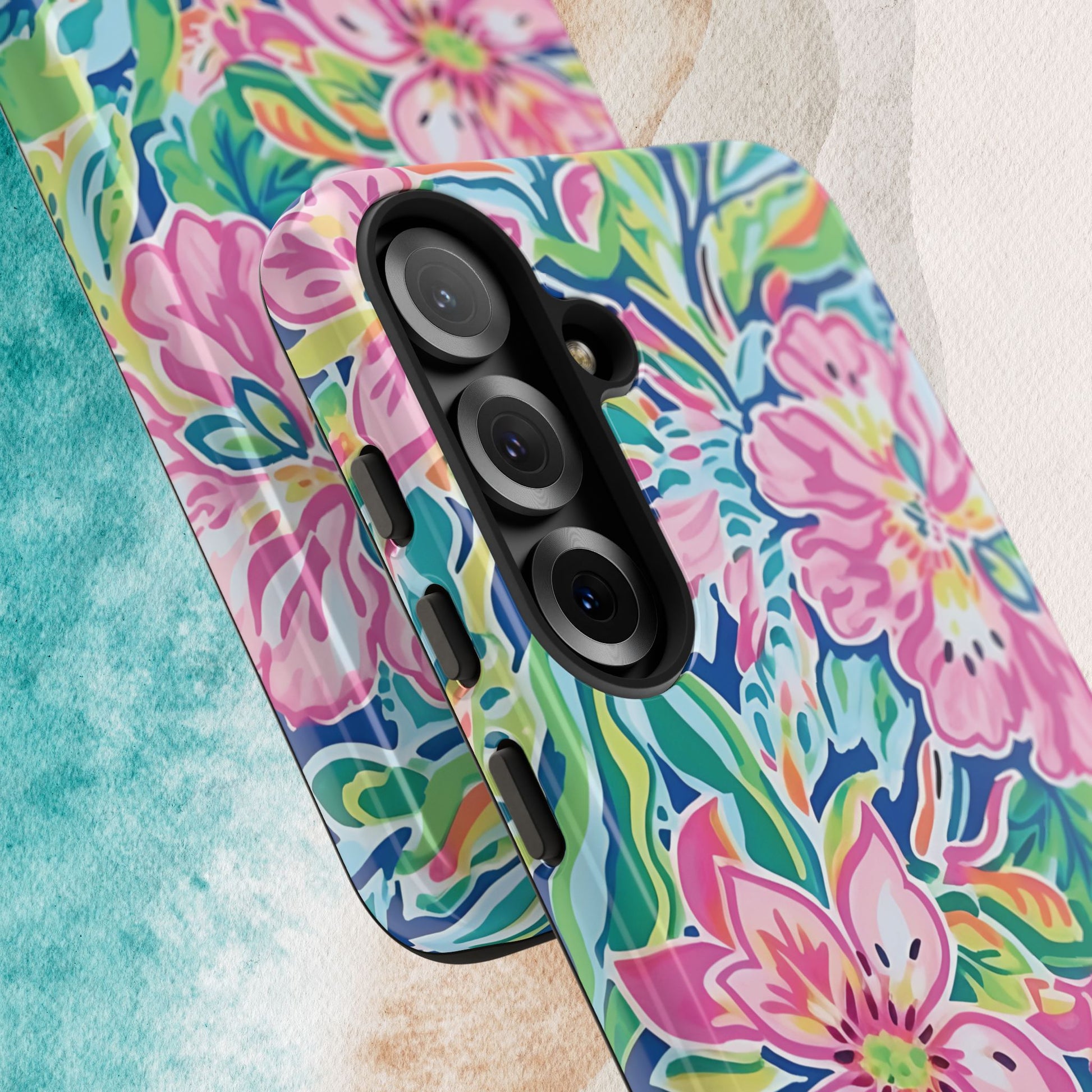 Top and bottom views of the Fernandina Tough Case for Galaxy on a textured surface