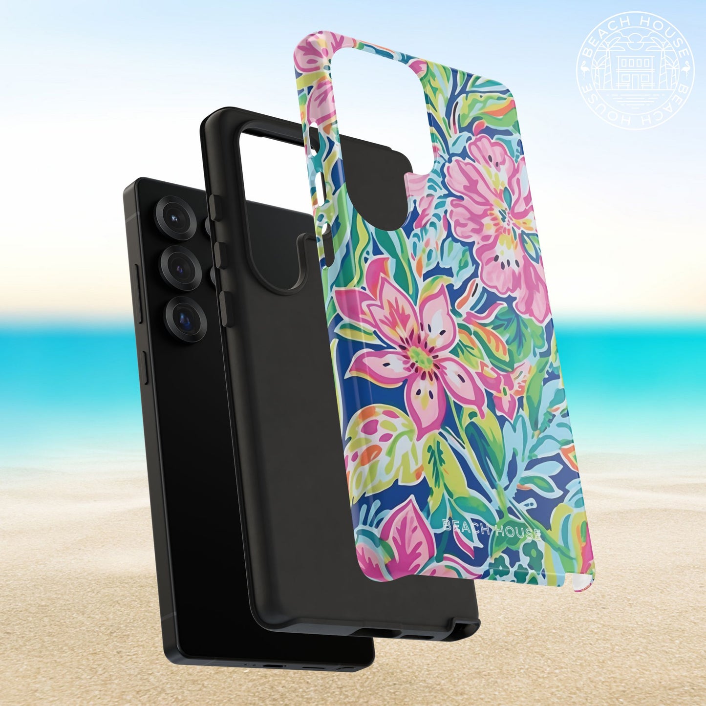 Protective outer shell and shock absorbent liner of the Fernandina Tough Case for Galaxy on a beach background