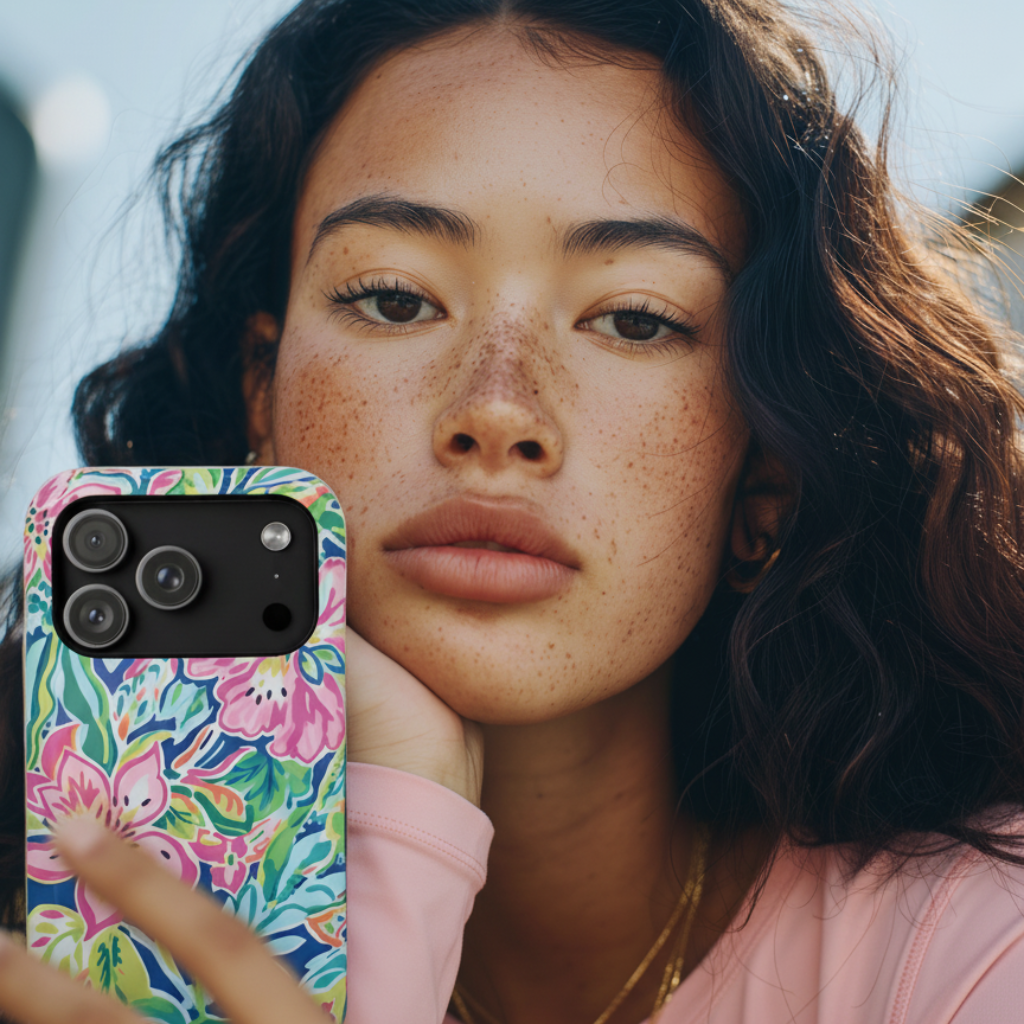 Woman holding a Fernandina Tough Case for iPhone with a tropical design 