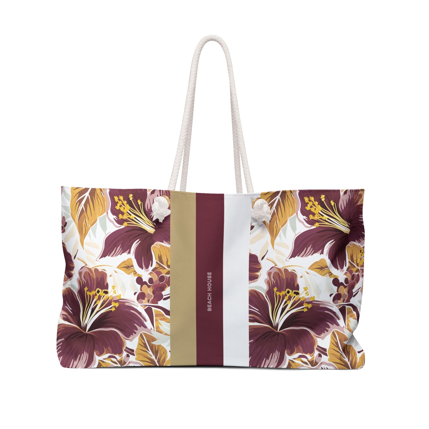 Front view of the Tallahassee Weekender tote bag with floral design and white rope handles on a white background