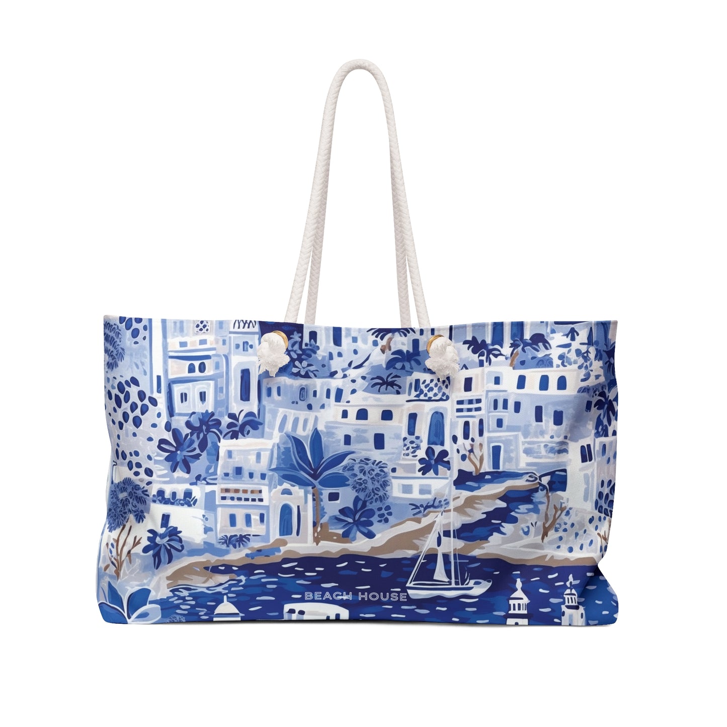 Front view of lightweight beach tote bag with blue and white Santorini pattern on a white background