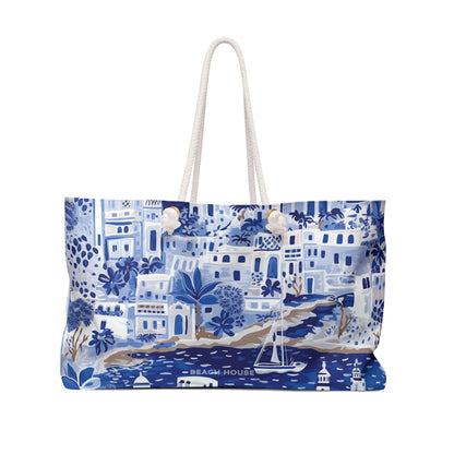 Front view of lightweight beach tote bag with blue and white Santorini pattern on a white background