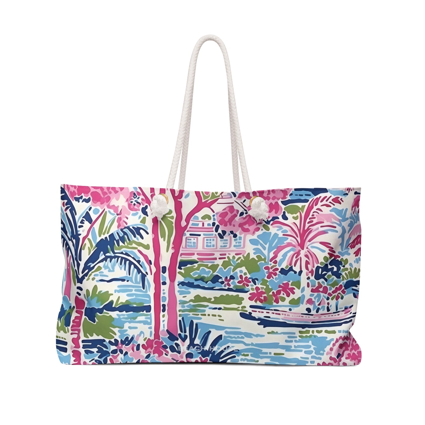 Front view of Amelia beach bag with palm tree and city design on a white background