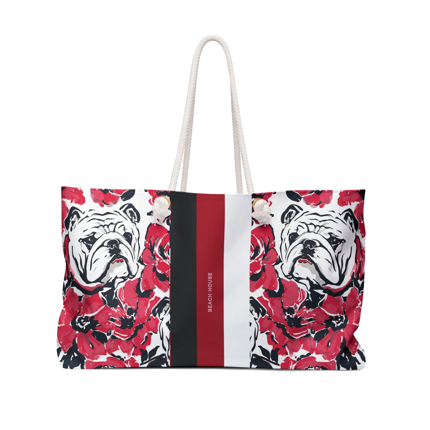 Front View of the Athens Weekender tote bag with white rope handles on a white background