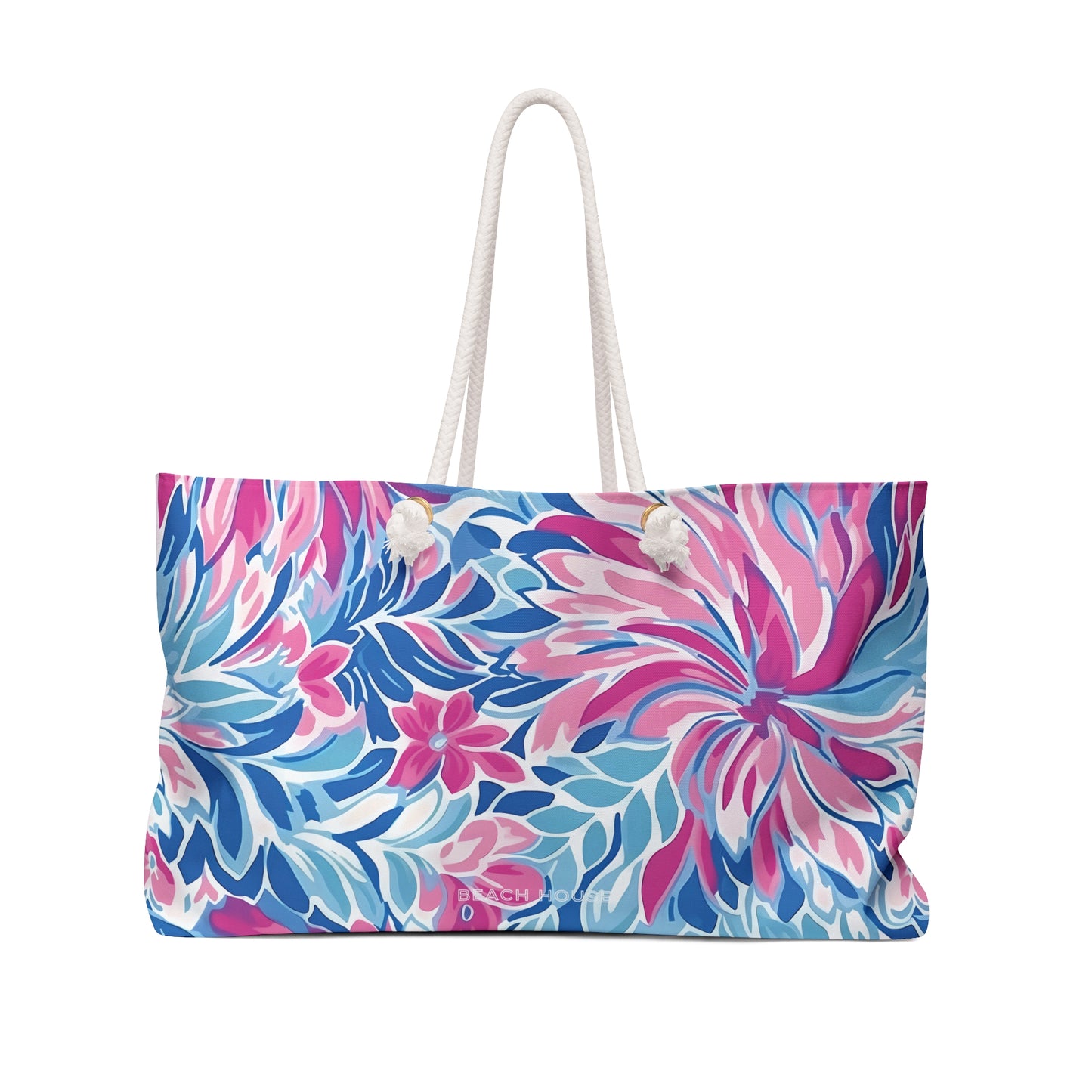 Front view of a Colorful floral-patterned Destin weekender tote bag with white handles on a white background