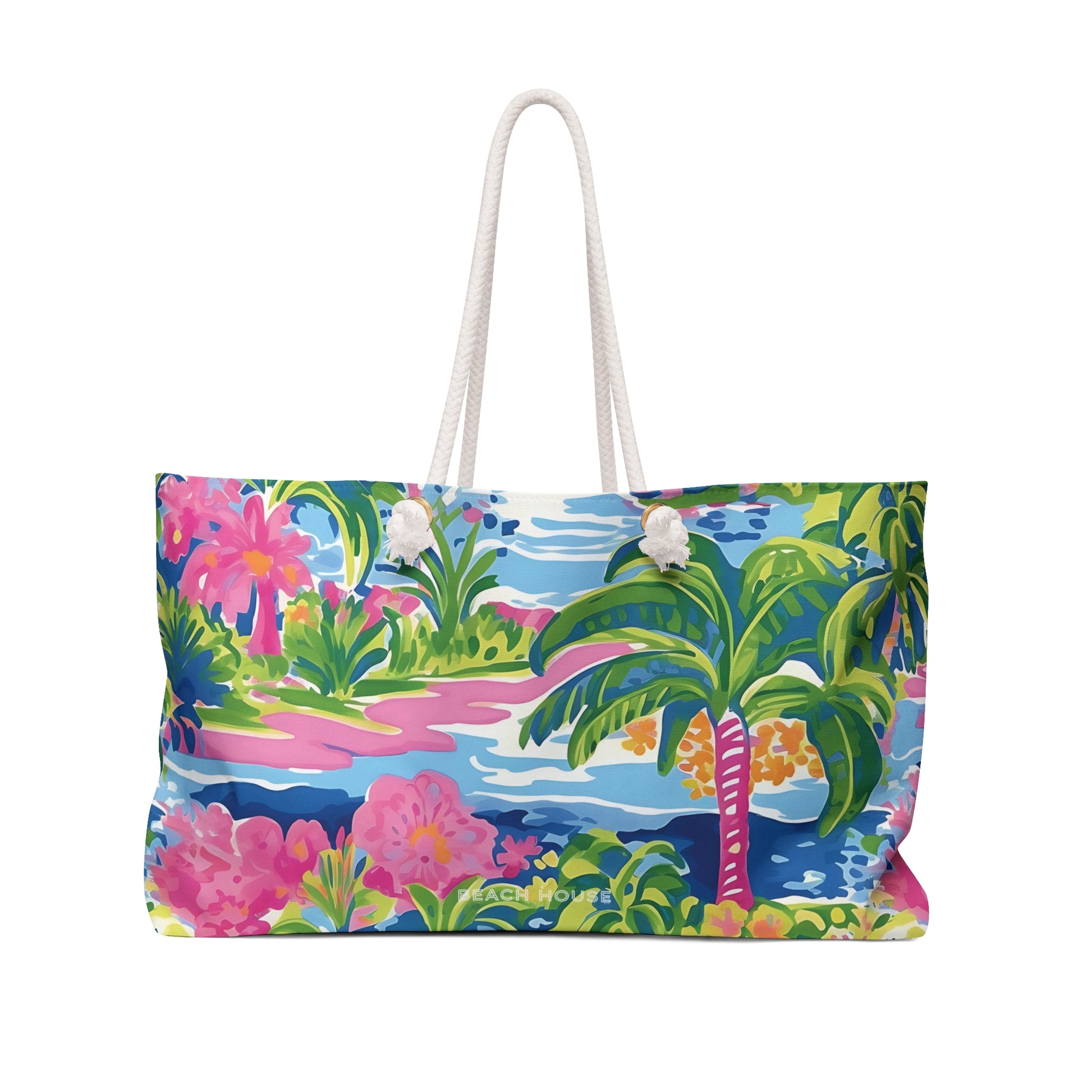 Front view of the Kiawah Weekender tote bag with tropical design on a white background