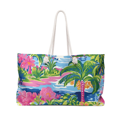 Front view of the Kiawah Weekender tote bag with tropical design on a white background