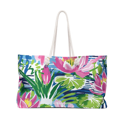 Front view of Everglades tote bag with tropical design on a white background
