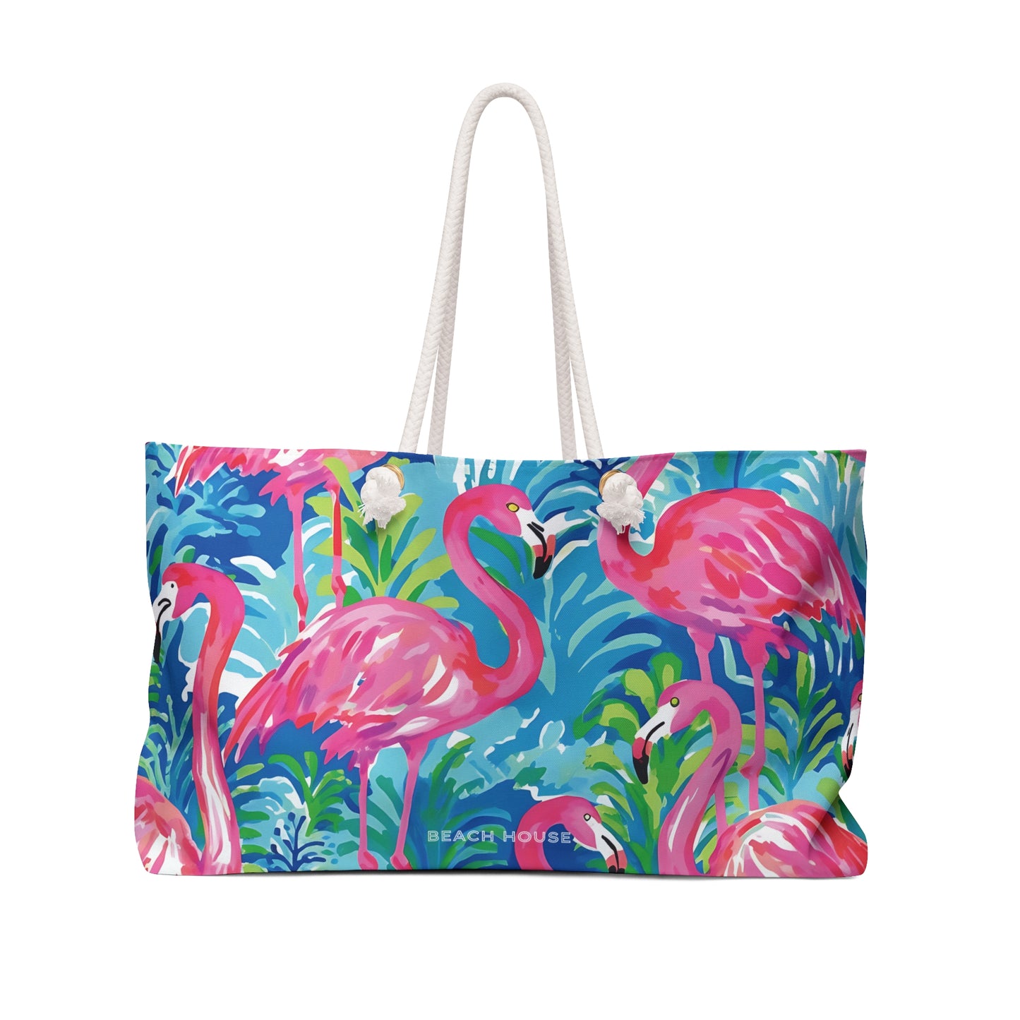 Tropical Key Largo Weekender Tote bag with pink flamingo design on a white background. 