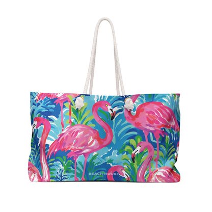 Tropical Key Largo Weekender Tote bag with pink flamingo design on a white background. 