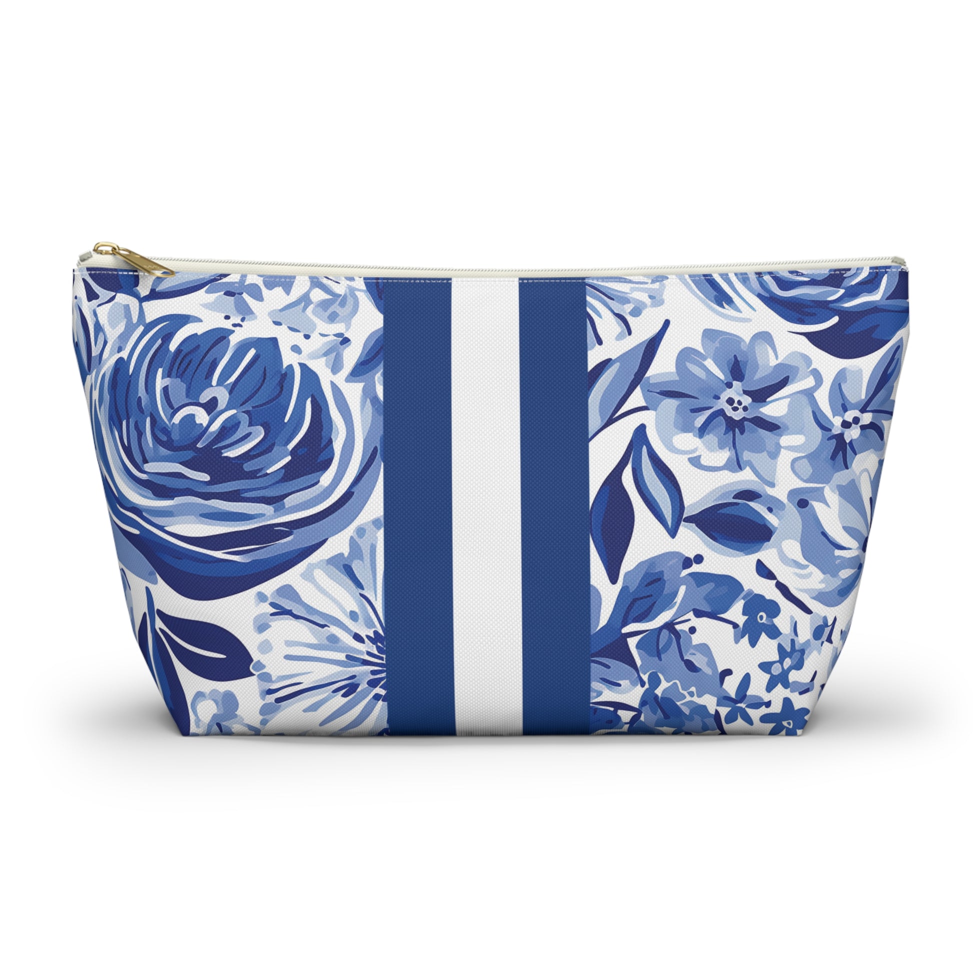 Blue floral patterned pouch with white stripes on a white background