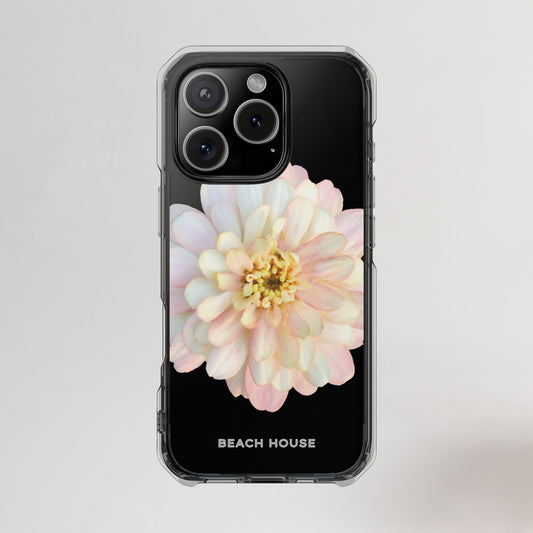 Phone case with a floral design and 'Beach House' branding on a light gray background