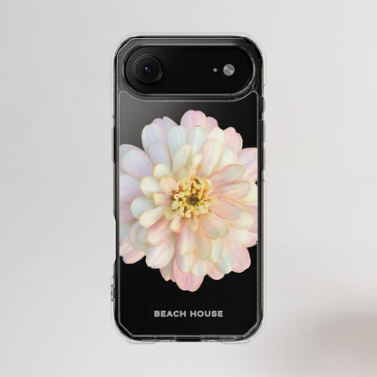 Phone case with a pastel flower design and 'Beach House' text on a light gray background