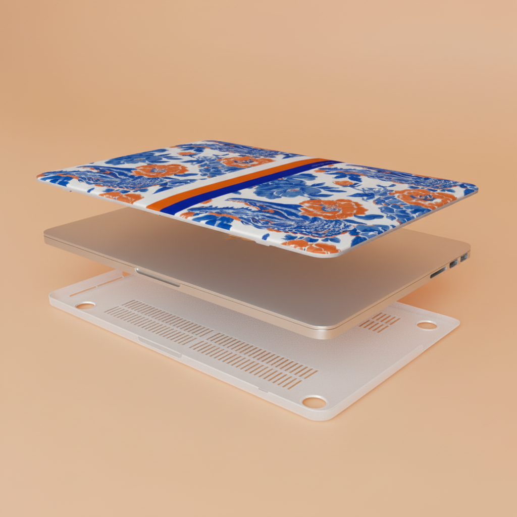 Top and bottom layers of the Gainesville MacBook Case with a laptom on a beige background