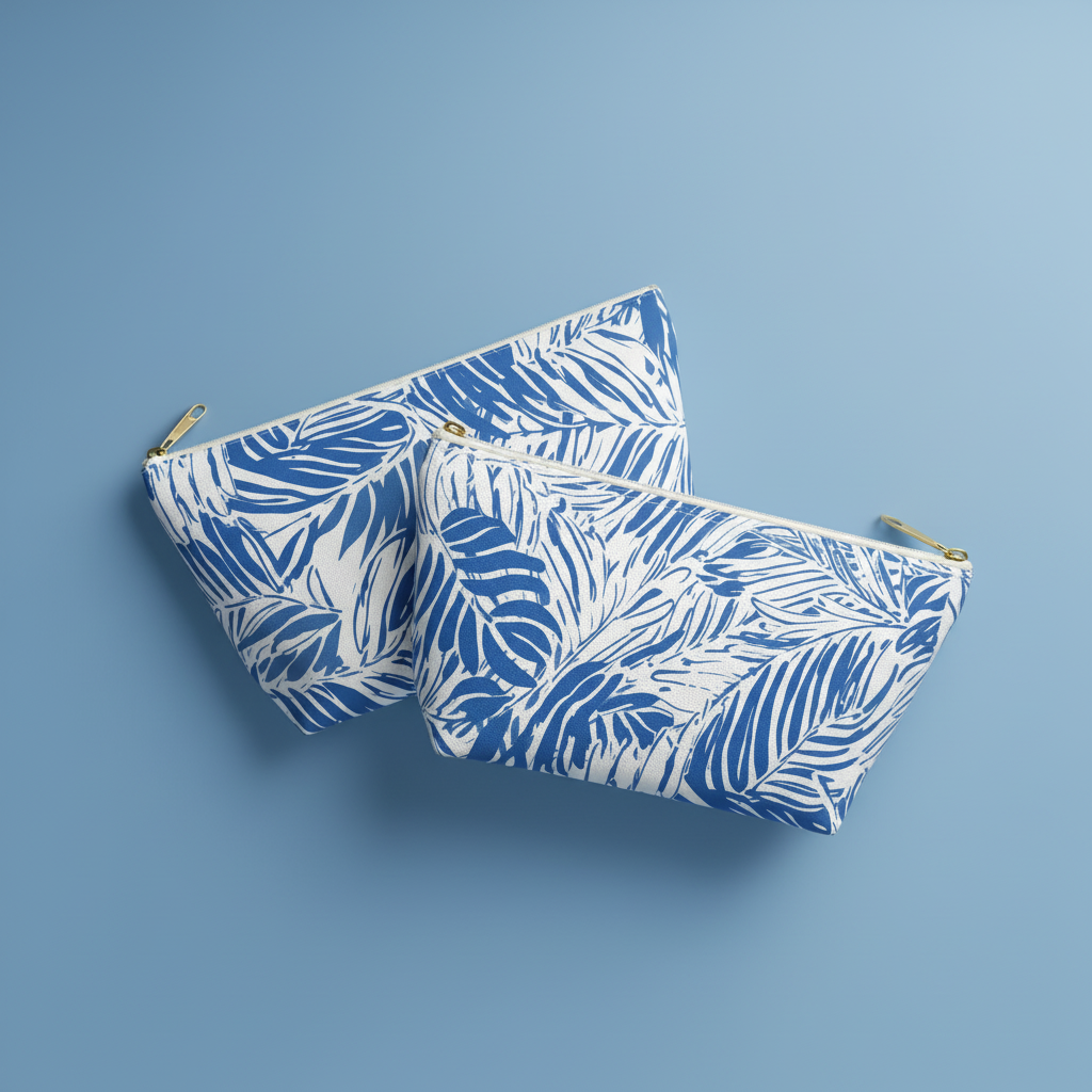 Two blue and white patterned pouches on a blue background