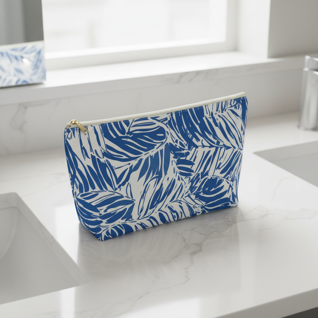 Blue and white patterned pouch on a marble surface