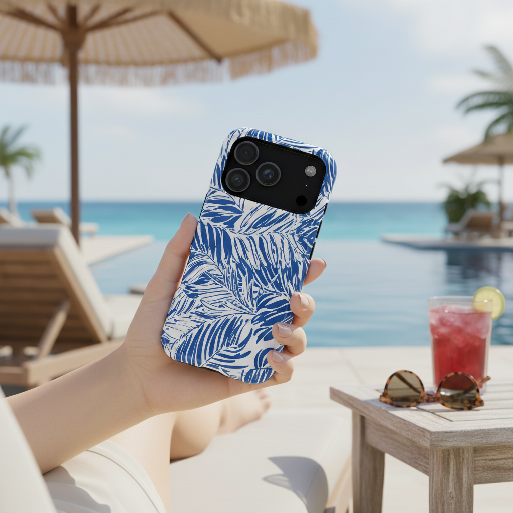Person holding a phone with a blue leaf pattern Hampton Slim Case for iPhone by a poolside