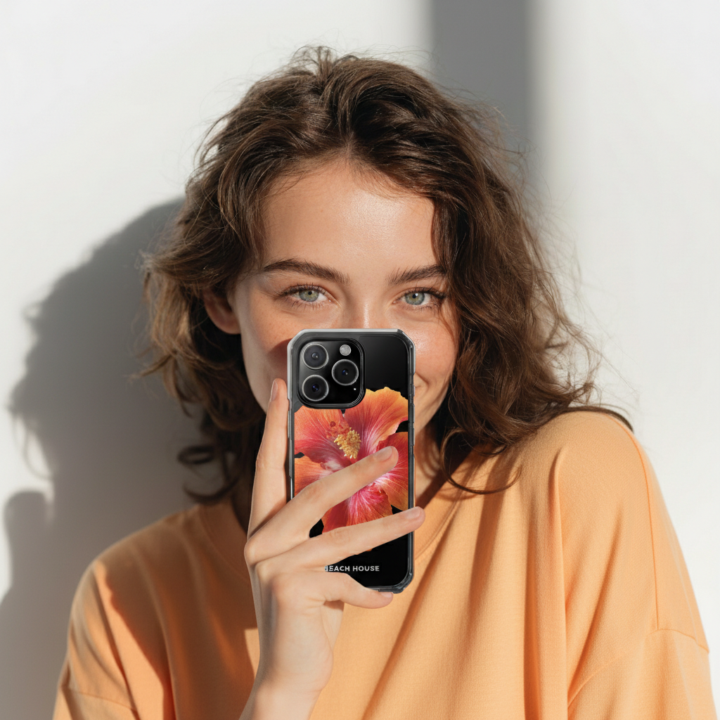 Woman holding a phone with a floral case against a white background