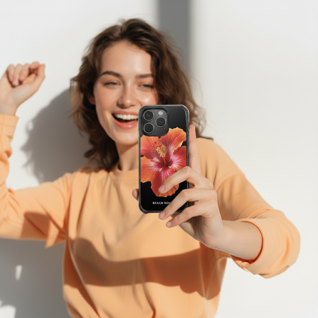 Woman holding a phone with a floral case against a white background